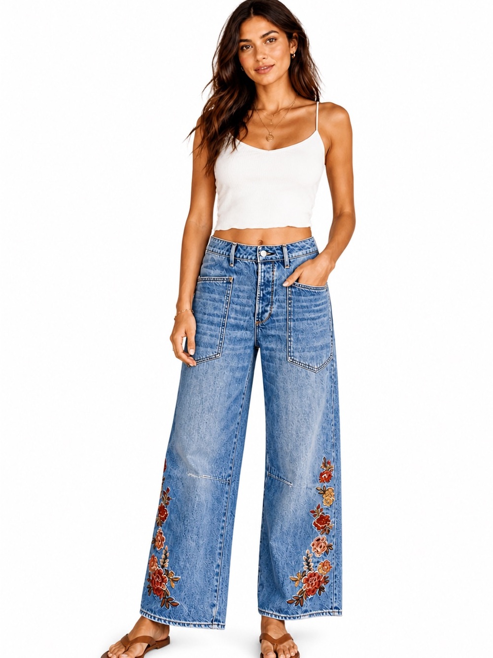 Z0098. New Wide Leg Embroidered Blue Jeans  Beautiful